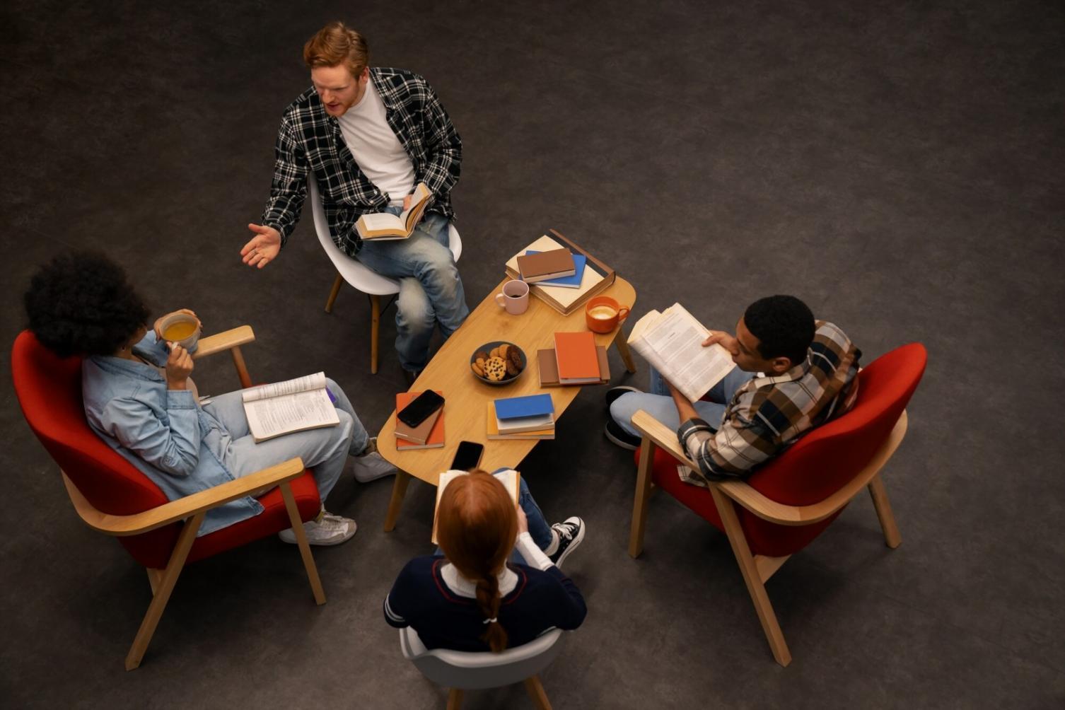 Students collaborating on SEO content projects in modern learning environment